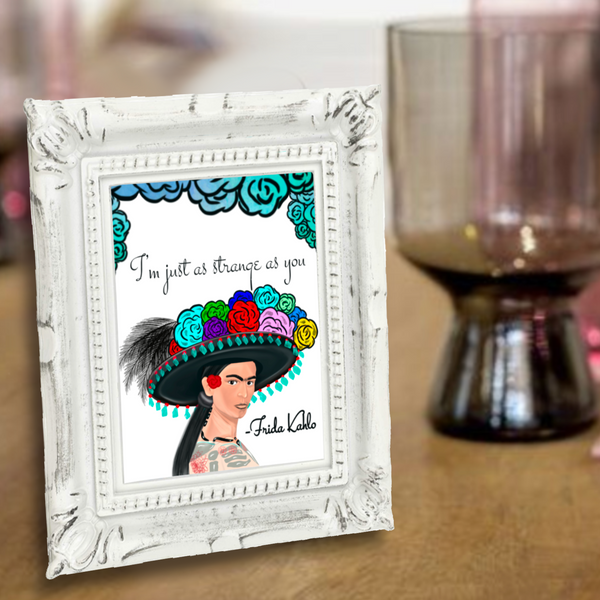Neverending Stickers - Framed Mini Print - Dia De Los Muertos - Frida Kahlo - “I’m Just As Strange As You” Quote - 4x3.5 in Frame -