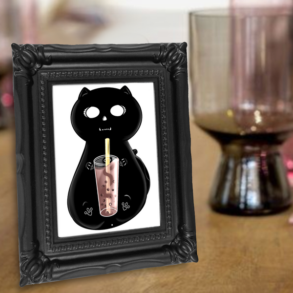 Neverending Stickers - Framed Mini Print - Skeletal Beans The Cat And Boba Tea - 4x3.5 in Frame -