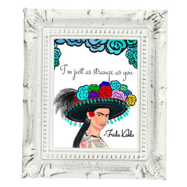 Neverending Stickers - Framed Mini Print - Dia De Los Muertos - Frida Kahlo - “I’m Just As Strange As You” Quote - 4x3.5 in Frame -