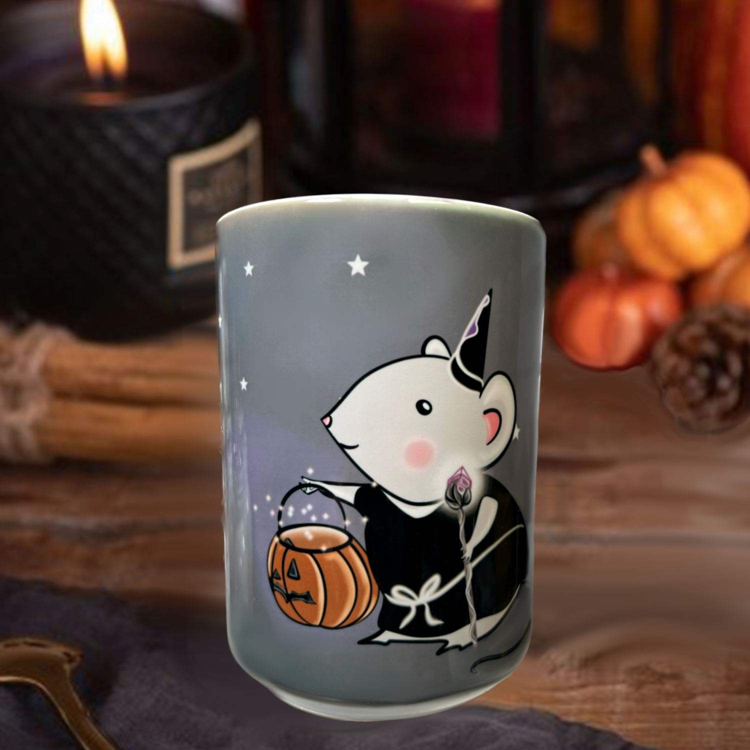 Neverending Stickers - 15oz Ceramic Coffee Mug - Wizard Trick Or Treating Mouse - Pumpkins