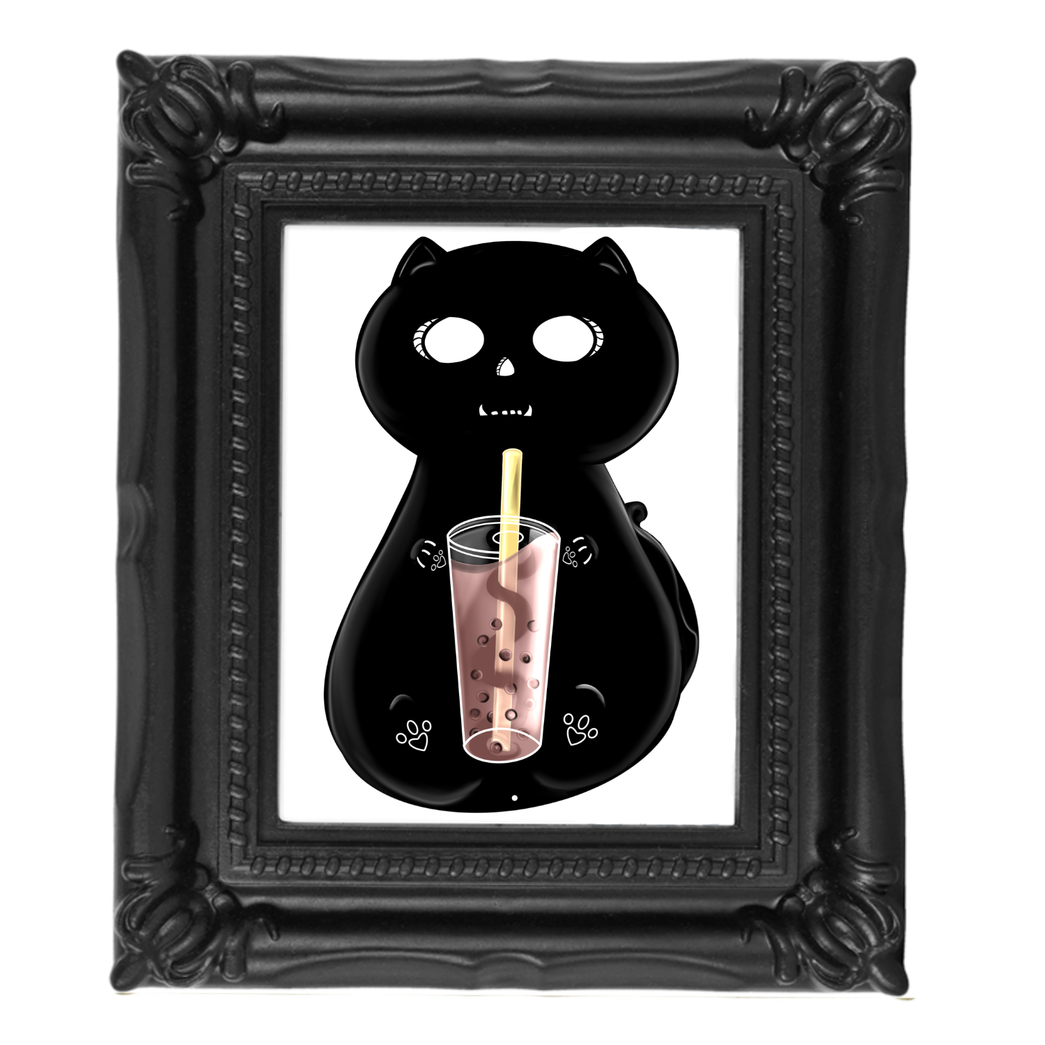 Neverending Stickers - Framed Mini Print - Skeletal Beans The Cat And Boba Tea - 4x3.5 in Frame -