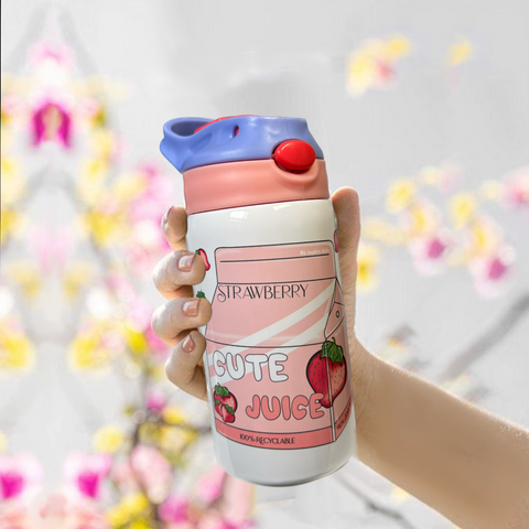 Neverending Stickers - 12oz Water Bottle Sippy Cup - Pink Strawberry - Cute Juice - Kawaii