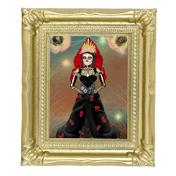 Neverending Stickers - Gold Framed Mini Print - Day Of The Dead Catrina - 4x3.5 in Frame - Dia De Los Muertos