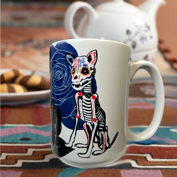 Neverending Stickers - 15oz Ceramic Coffee Mug - Dog Companion - Dia De Los Muertos - Day Of The Dead