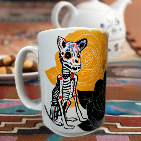 Neverending Stickers - 15oz Ceramic Coffee Mug - Dog Companion - Dia De Los Muertos - Day Of The Dead