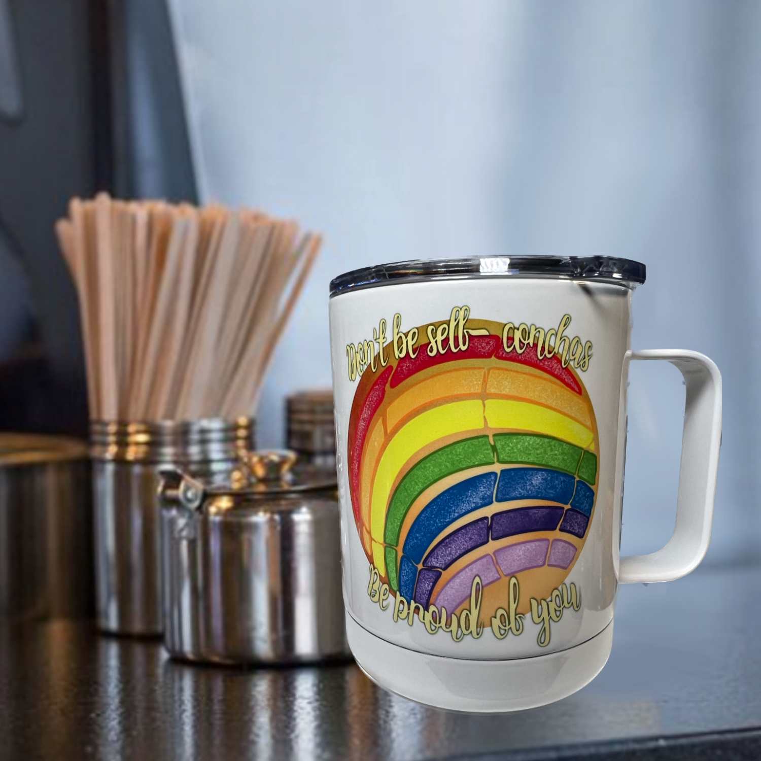 Neverending Stickers - 10oz Stainless Steal Coffee Cup - Rainbow Concha - Don’t Be Self-Conchas, Be Proud Of You