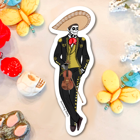 Neverending Stickers - Dia De Los Muertos Mariachi Band - Violin Player - Vinyl Sticker Or Magnet - 4x2in