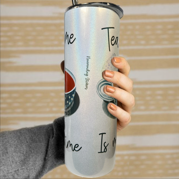Neverending Stickers - 20oz Tumbler - Tea Time Is Me Time - Iridescent Sparkle