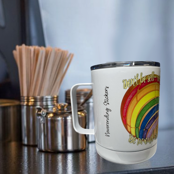 Neverending Stickers - 10oz Stainless Steal Coffee Cup - Rainbow Concha - Don’t Be Self-Conchas, Be Proud Of You